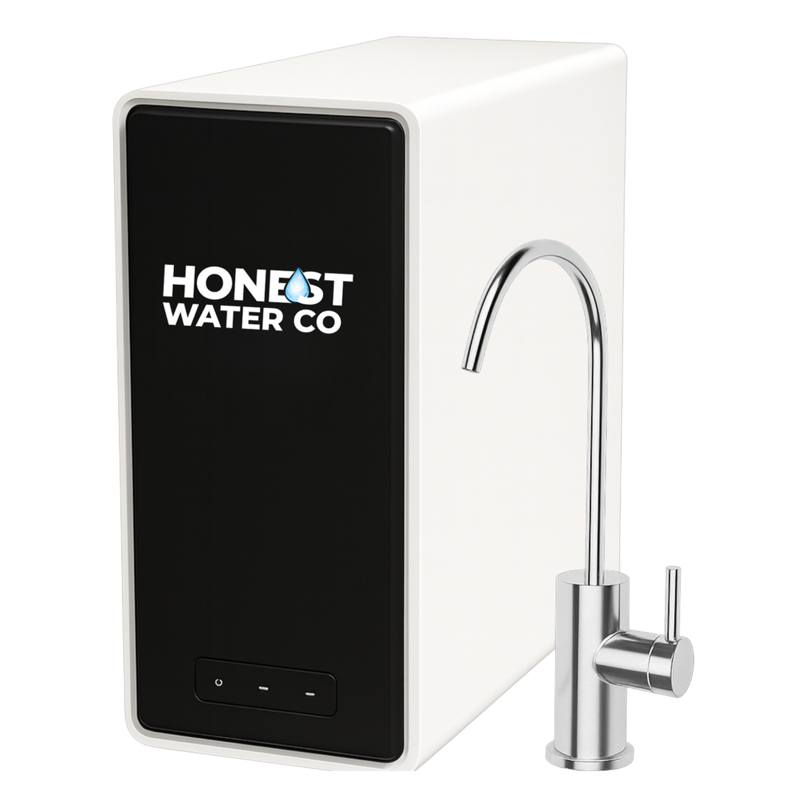 Close-up of tankless RO unit and chrome faucet