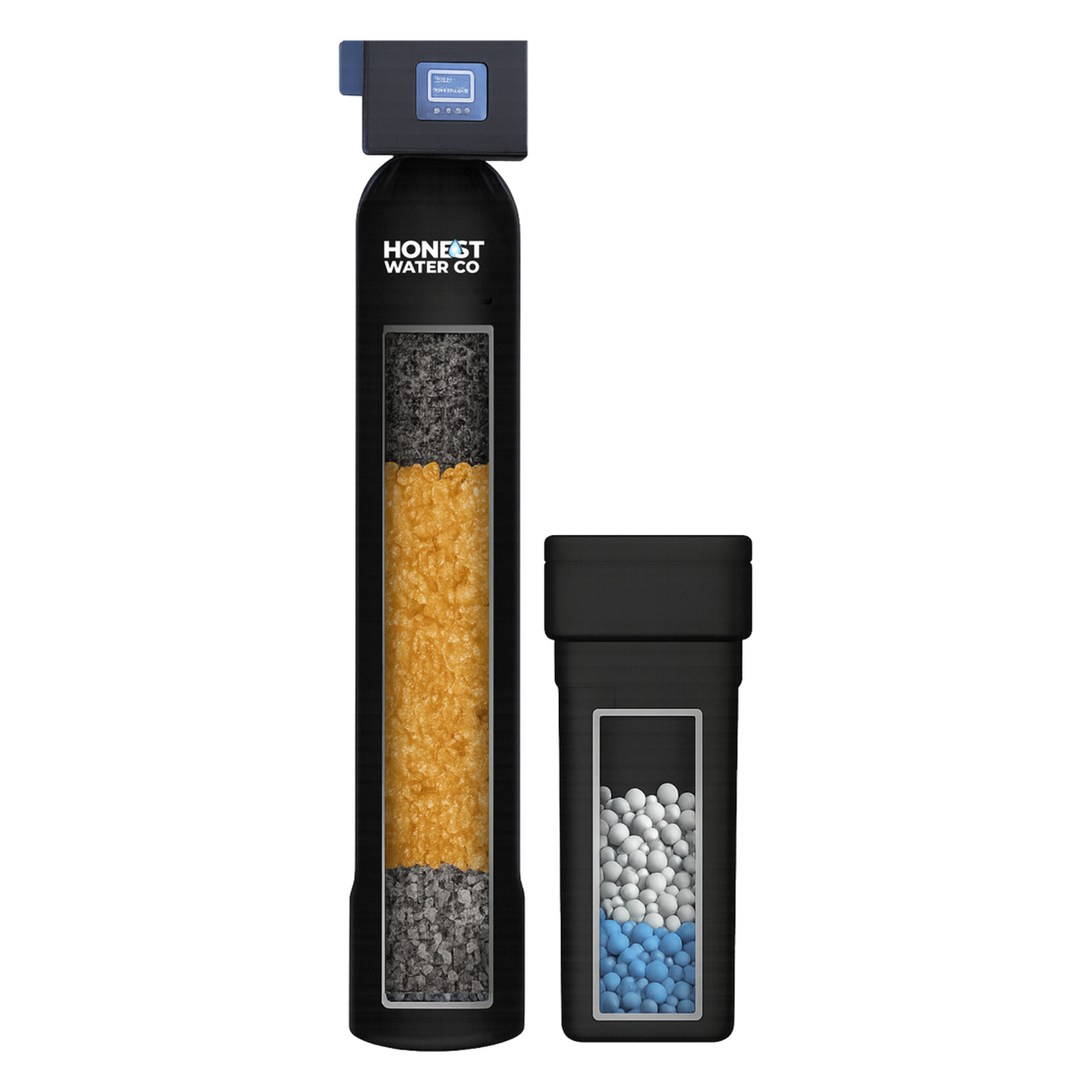 Whole-home softener and filtration tanks with cutaway media view